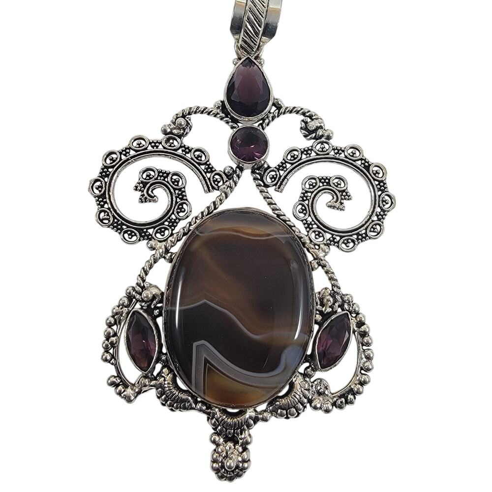 Sterling Silver Pendant with Striped Banded Agate and Faceted Garnet Stones
